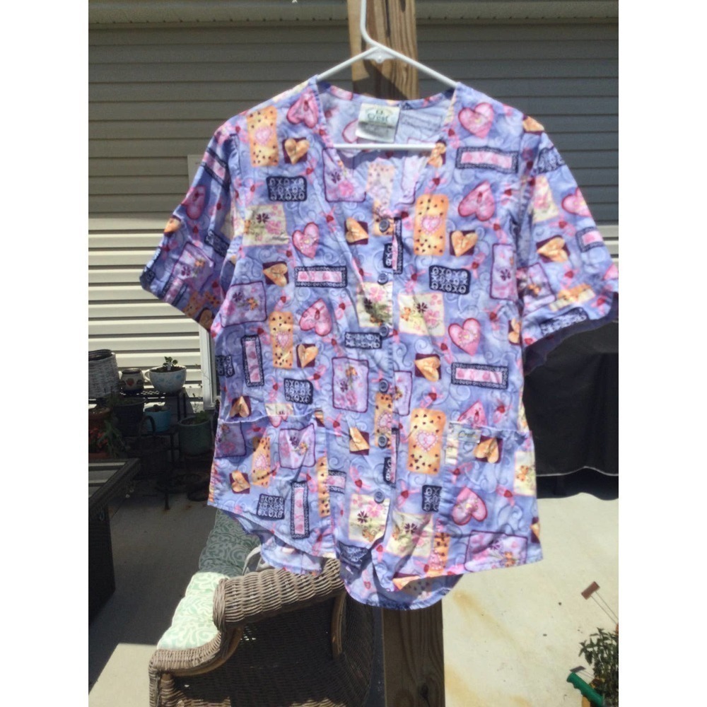 Crest cotton large scrub top womens nurse button pocket komen pink ribbon heart